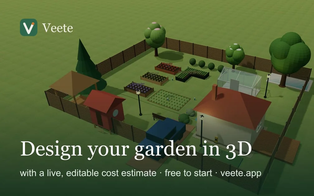 Veete: 3D sodo planas su namu, lysvėmis ir tvora